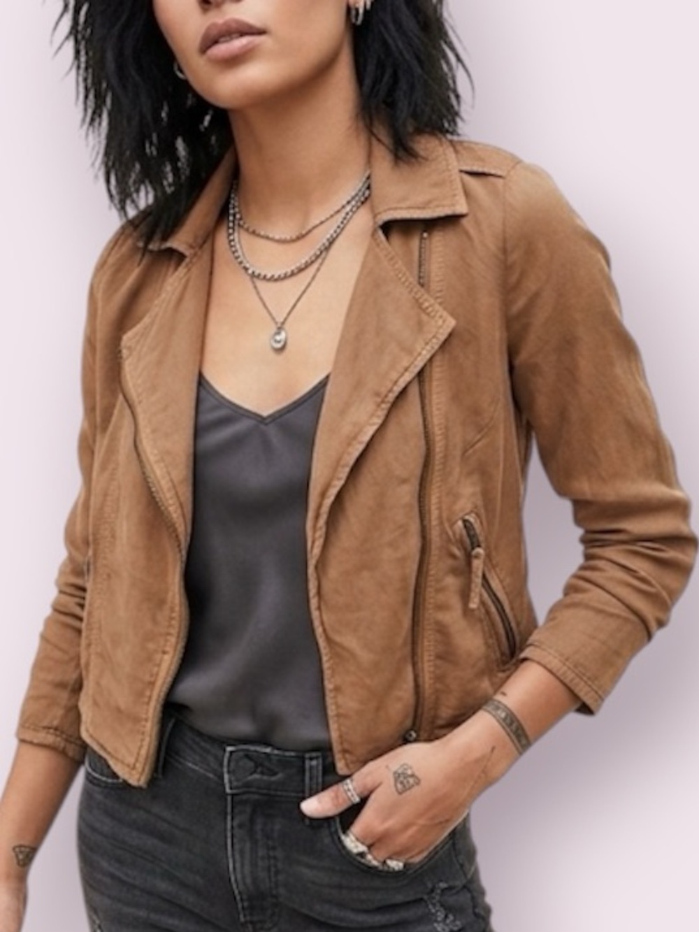 Lucky Brand Linen Blend Moto Jacket Chocolate Brown Size XS